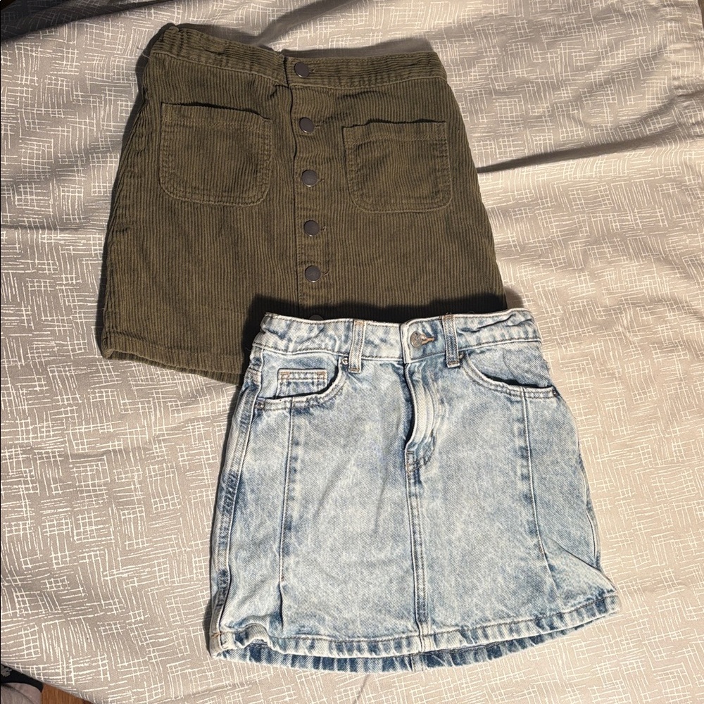 Bundle of TWO Girls Skirts - Blue Denim and Olive Green Corduroy